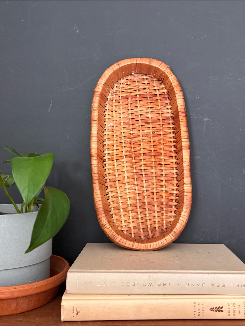 Vintage Woven Oval Basket Tray in Natural Tan and Brown